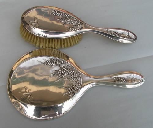 English antique silver mirror and brush